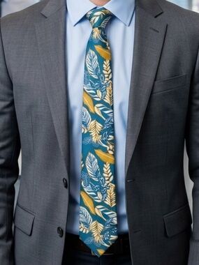 NWT Original Penguin Tropical Floral Skinny Tie Blue Gold Cotton Leaf Slim Neckt